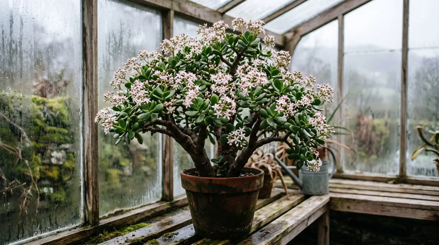 Cluster of small white star-shaped flowers on a mature jade plant in a bright conservatory