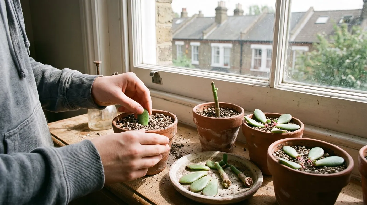 Jade plant leaf and stem cuttings drying on a saucer beside small pots where leaves are rooting on gritty compost