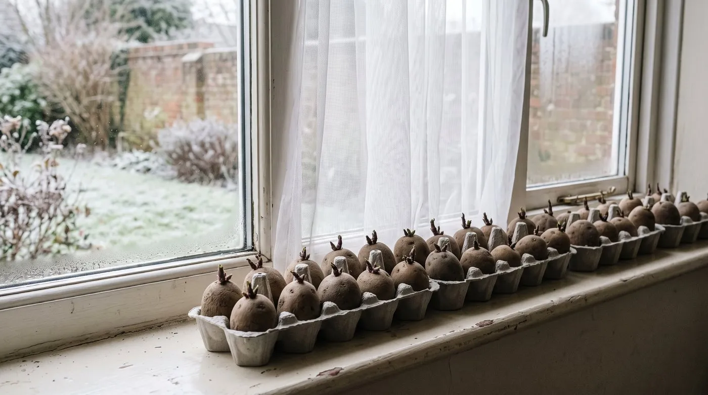 Seed potatoes chitting in egg boxes on a windowsill with short sturdy purple-green shoots