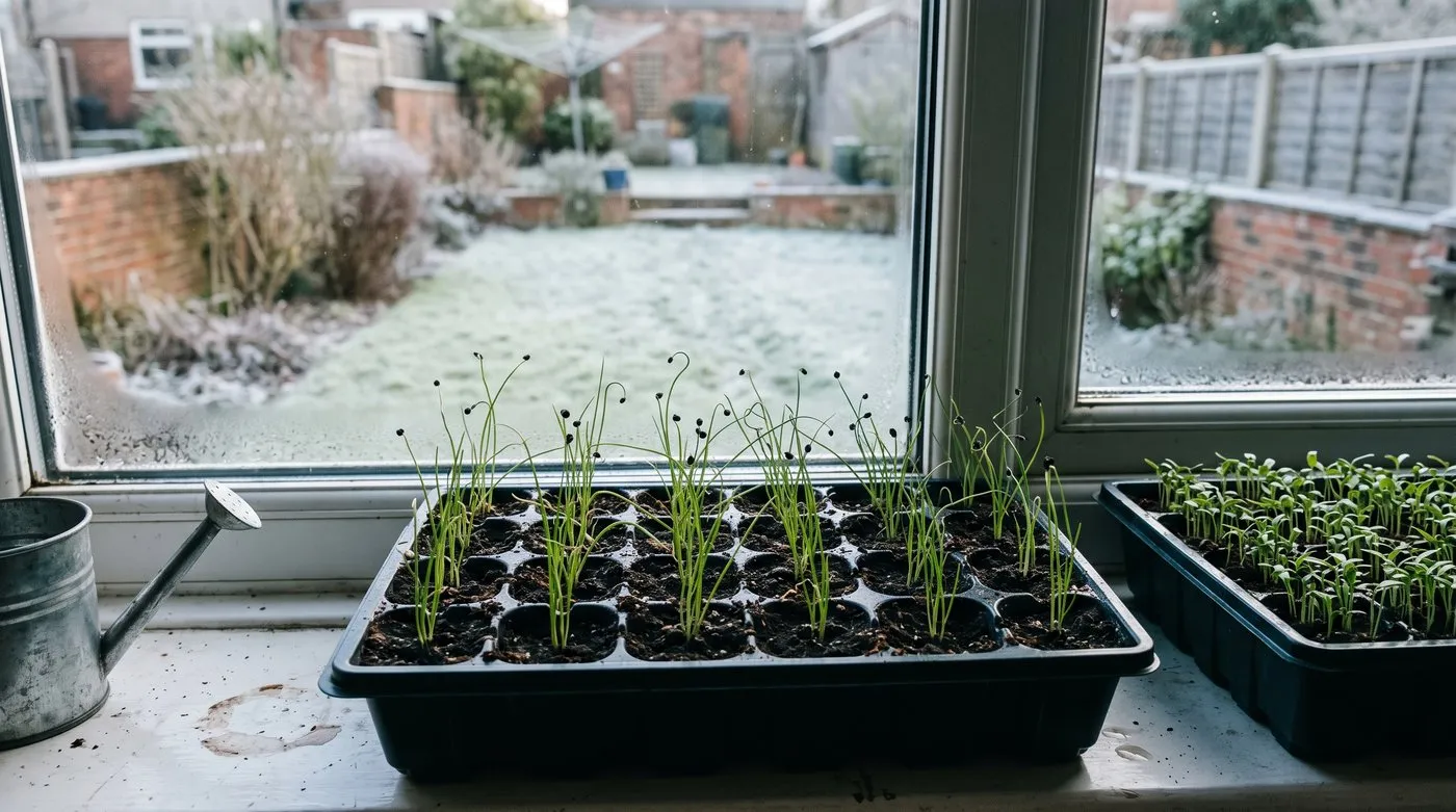 Multi-sown onion seedlings in clumps in a module tray on a January windowsill