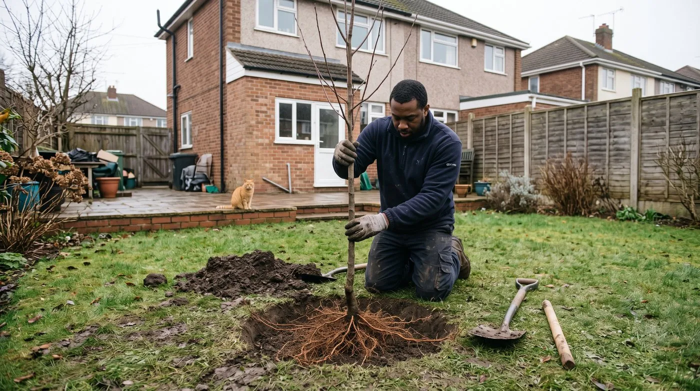 Man holding a bare-root pear tree upright in a wide planting hole in a winter garden