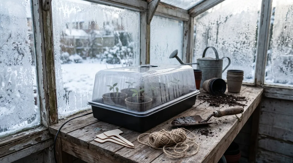 Chilli and pepper seedlings in a heated propagator on a greenhouse bench with frost on the glass in January