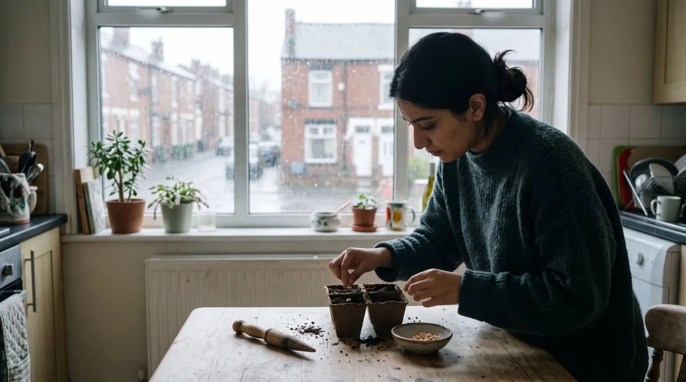 Woman sowing chilli seeds into small pots of compost at a kitchen table in January