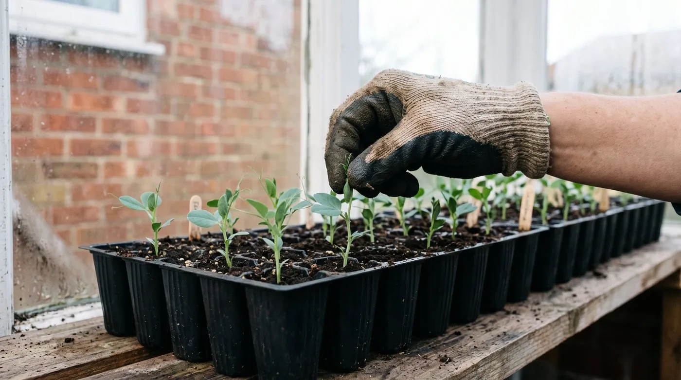 Gloved hand pinching out the tip of a sweet pea seedling in a deep root trainer