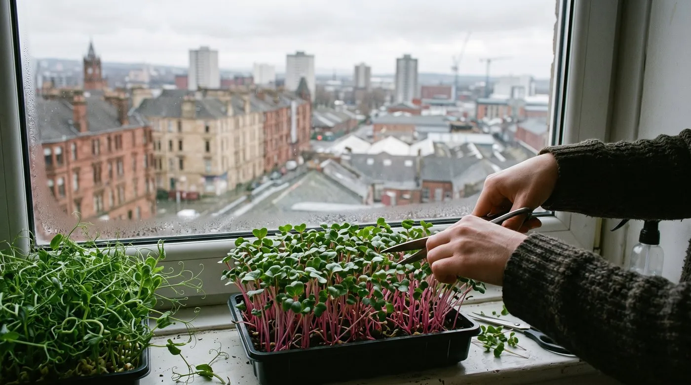 Hands snipping radish microgreens with scissors on a flat windowsill in January