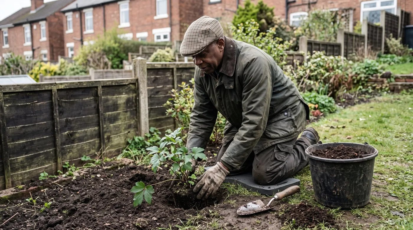 Older man planting a Japanese anemone with its crown level with the soil in a shady border