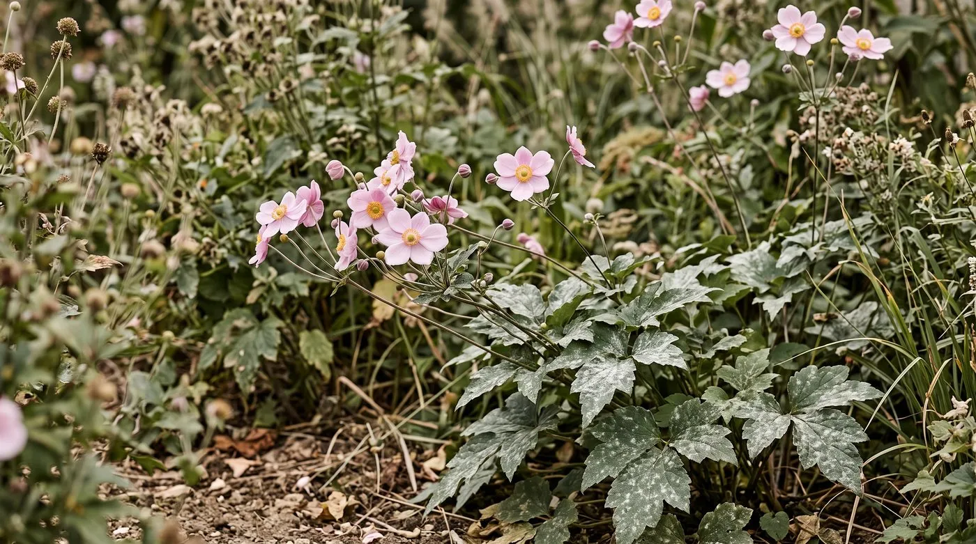 Japanese anemone leaves dusted with white powdery mildew below pink flowers in late summer