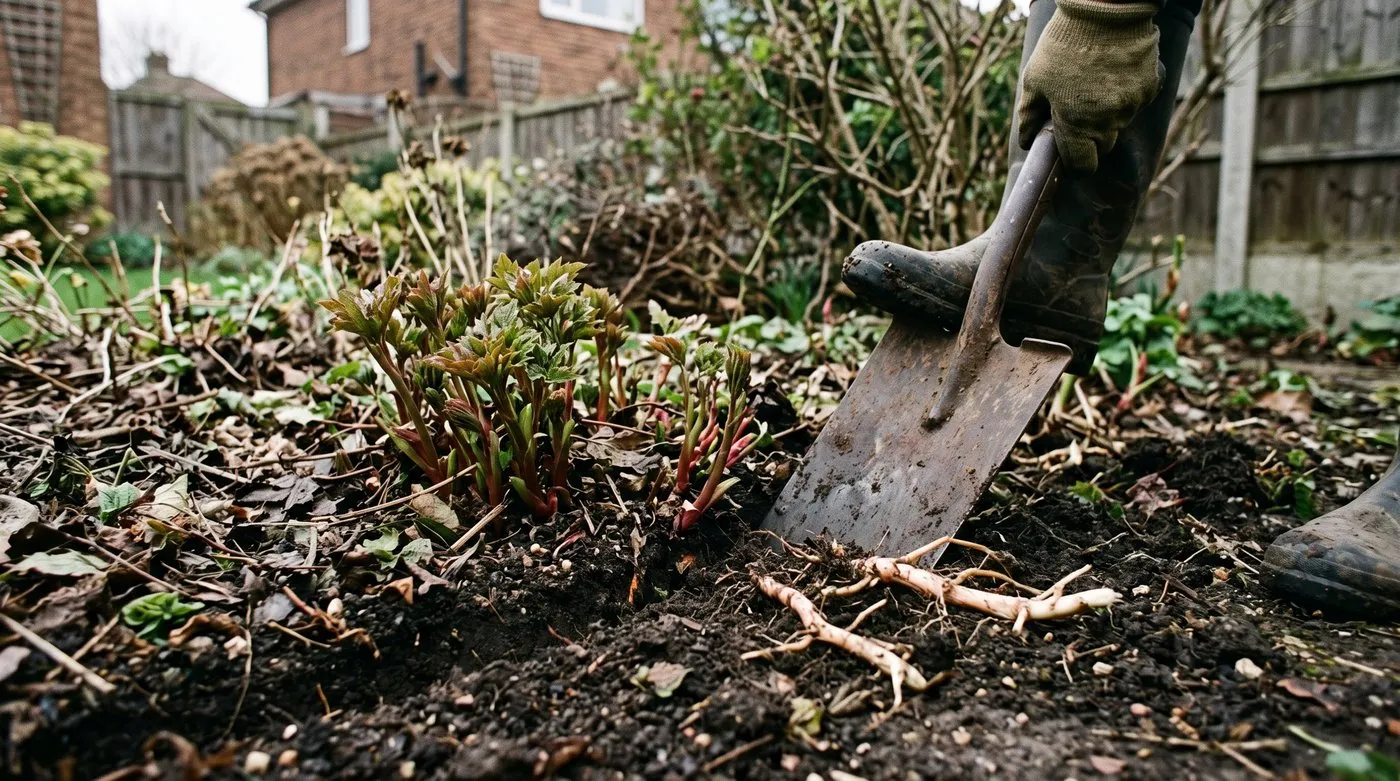 Spade slicing down around a Japanese anemone clump in March to cut through spreading runners
