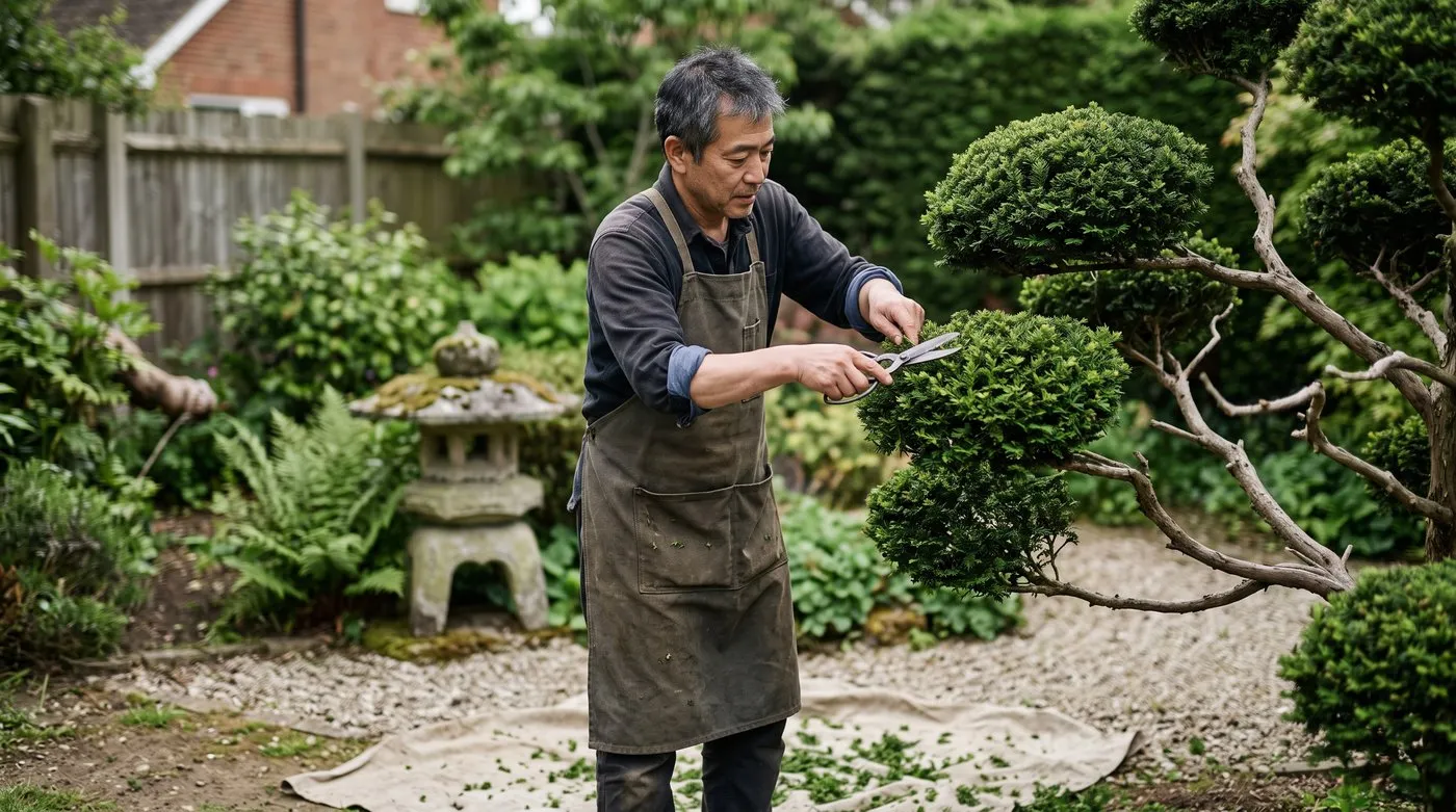A man clipping the rounded pads of a cloud-pruned yew with hand shears in late spring