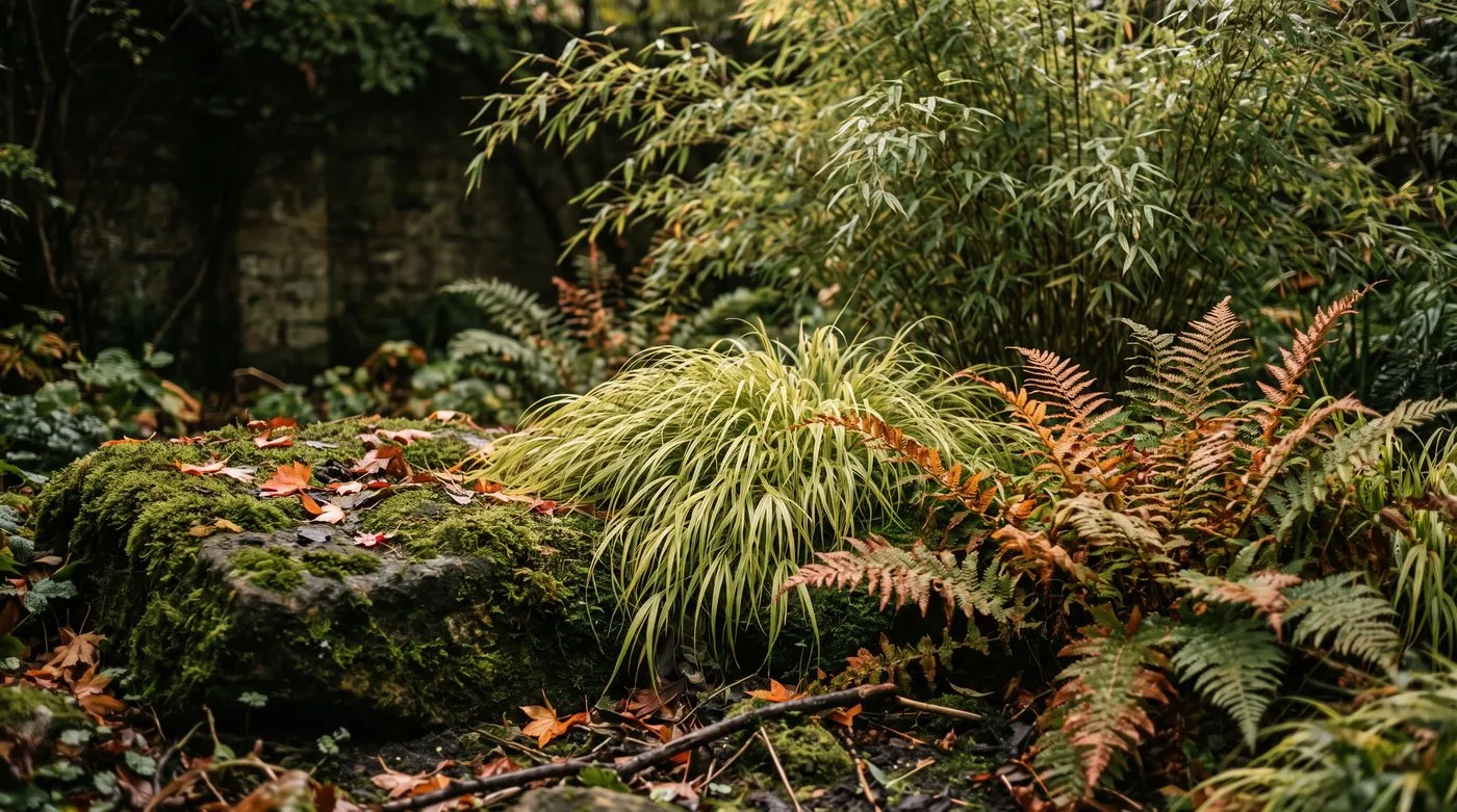 Golden Japanese forest grass, coppery ferns and clumping bamboo in a shady Japanese-style corner
