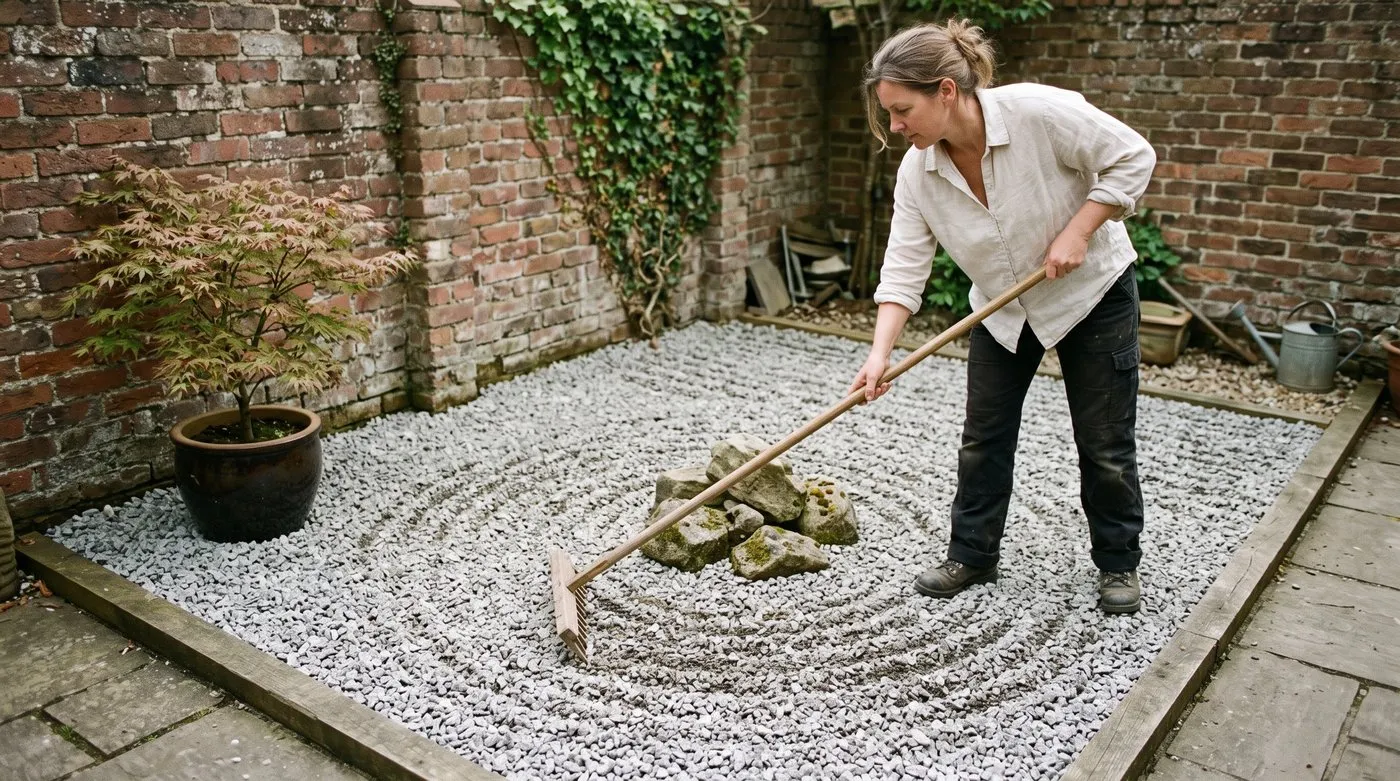 A woman raking circles in pale grey gravel around a group of rocks in a small courtyard zen garden