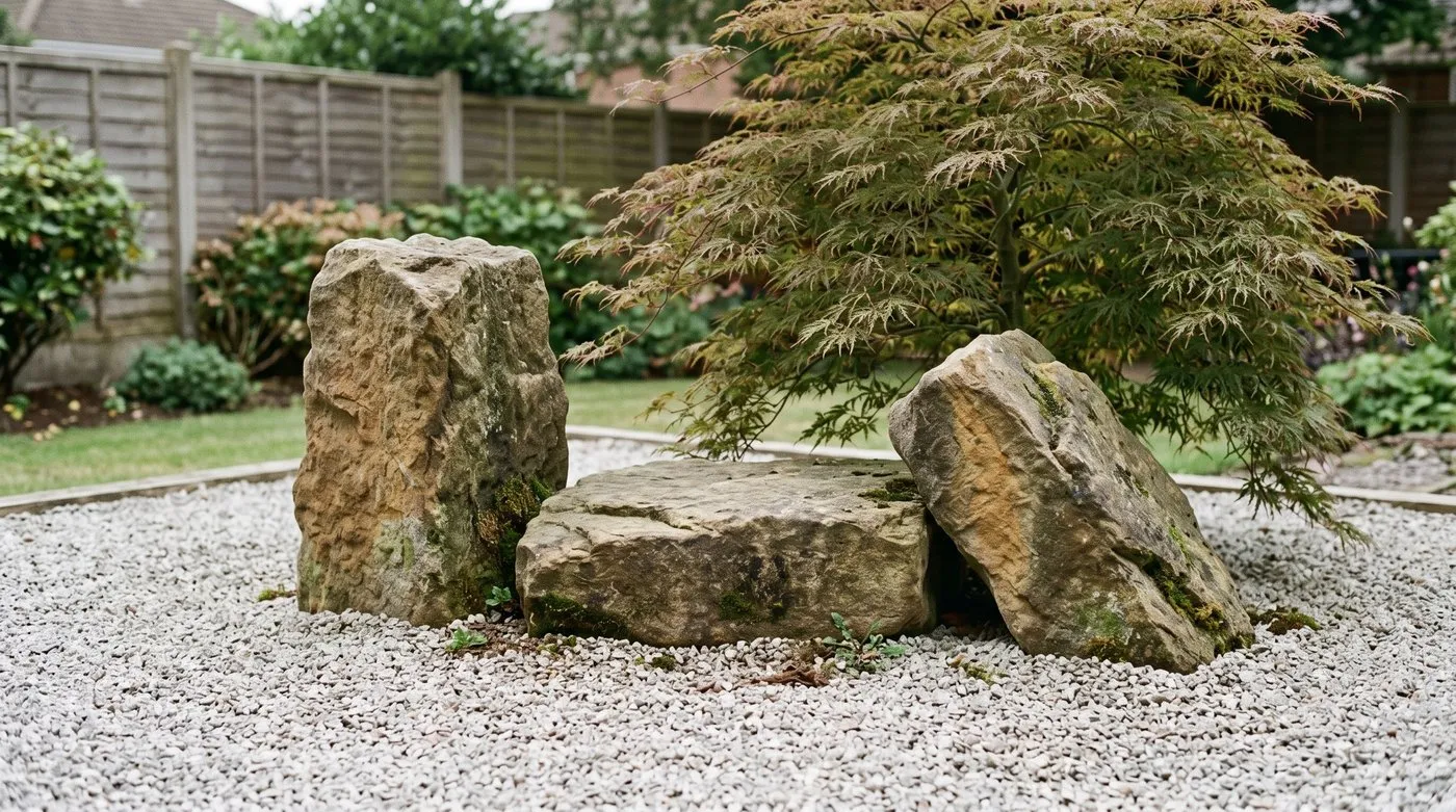 Three weathered sandstone rocks of different shapes half buried in raked gravel in a Japanese-style garden