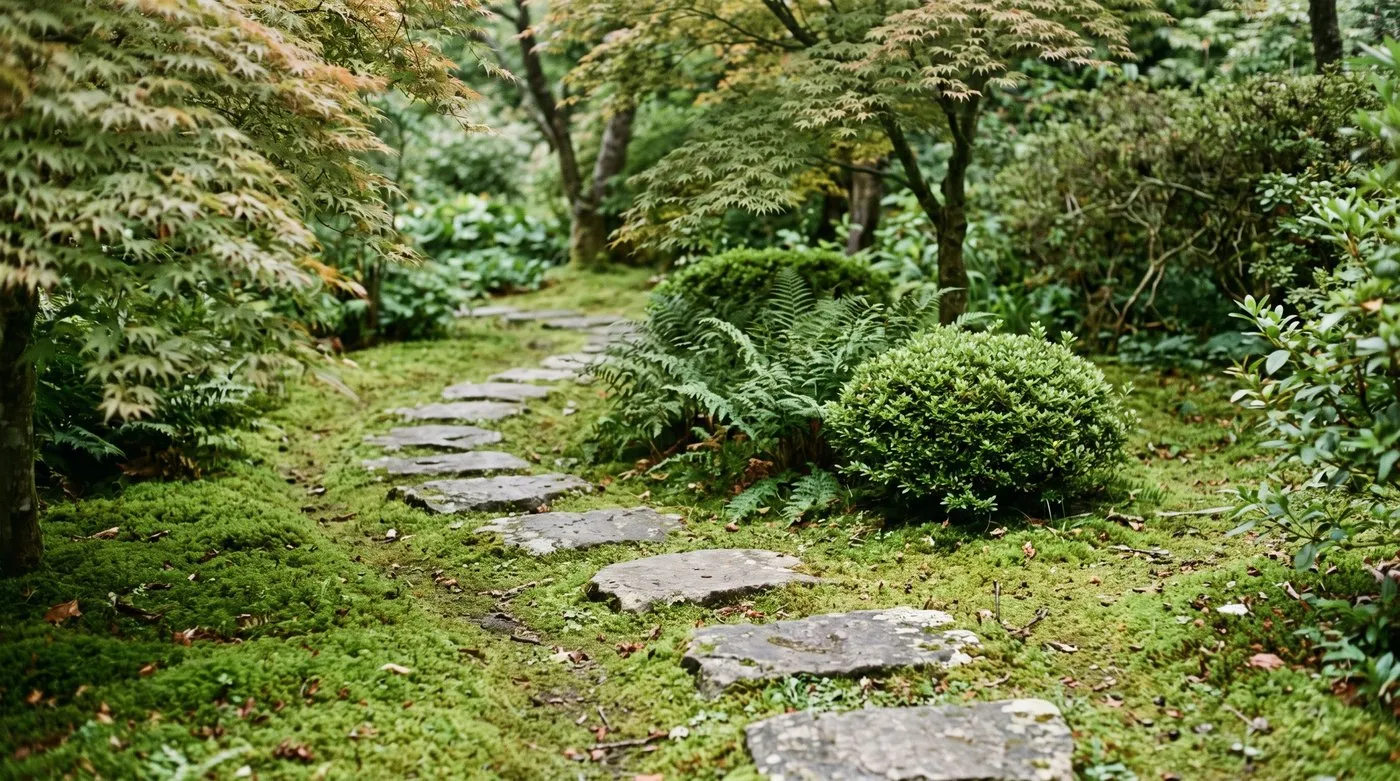 Flat stepping stones winding through bright green moss under Japanese maples