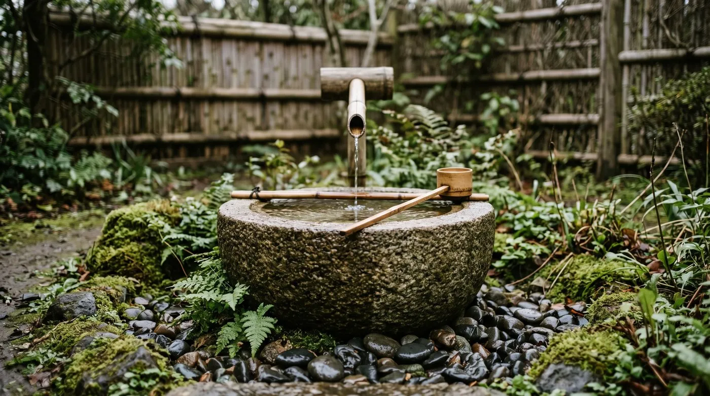 A low granite stone basin fed by a bamboo spout, surrounded by moss and ferns