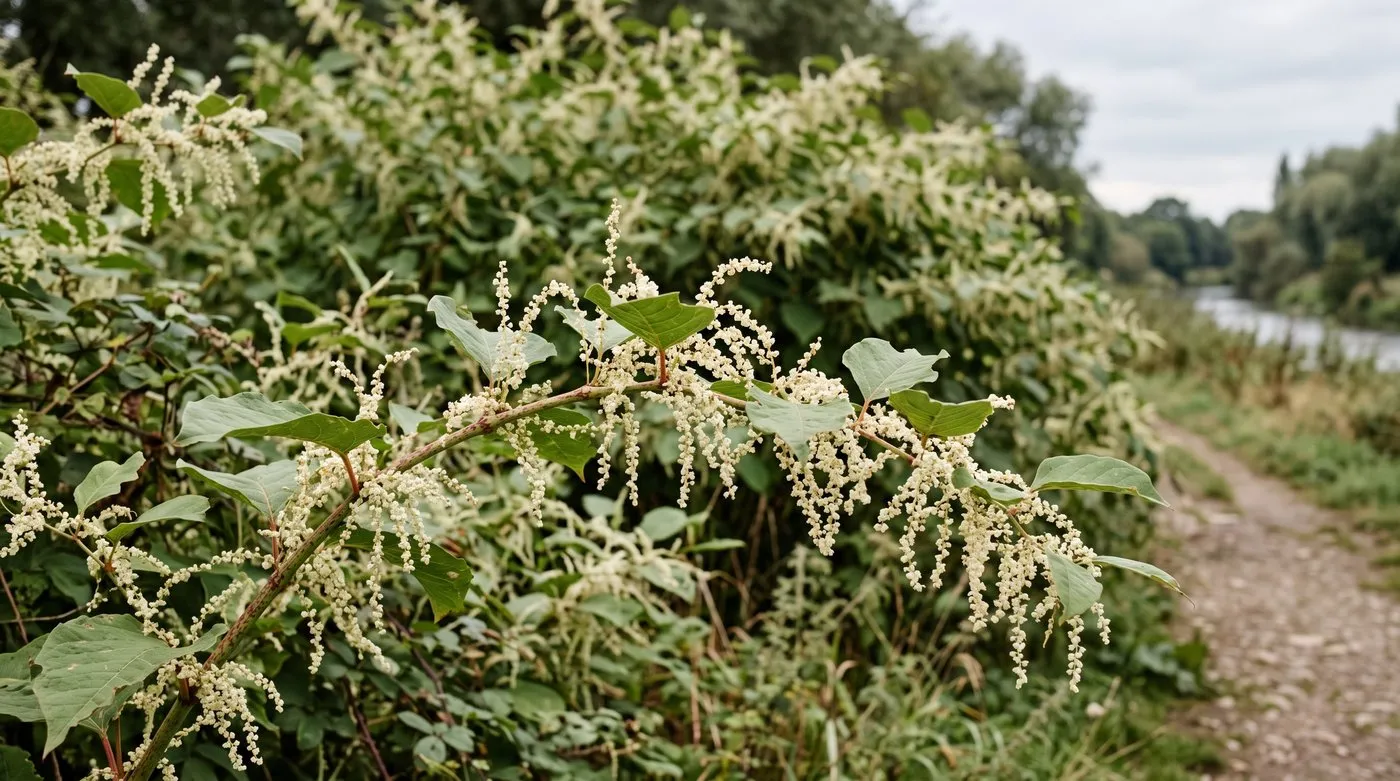 Creamy-white sprays of tiny Japanese knotweed flowers hanging from the leaf joints in late summer