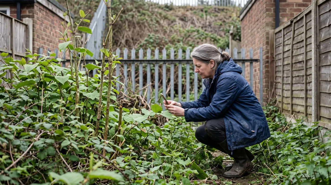 A woman photographing the base of a suspected Japanese knotweed leaf with her phone