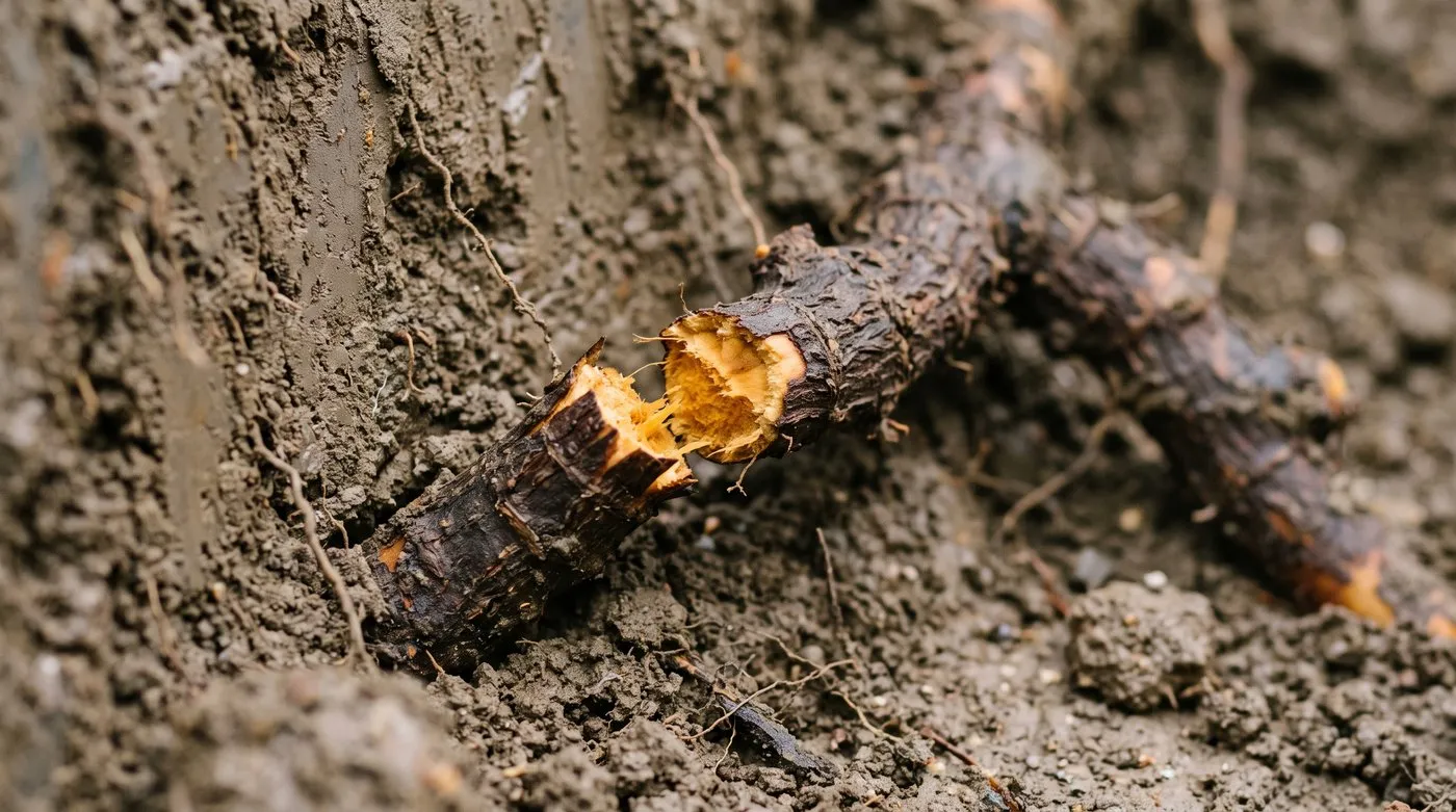 A snapped Japanese knotweed rhizome in a trench wall, showing bright orange flesh inside brown skin