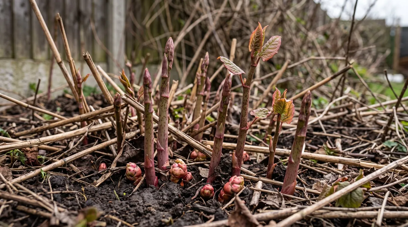 Reddish-purple, asparagus-like Japanese knotweed shoots pushing up through soil in spring