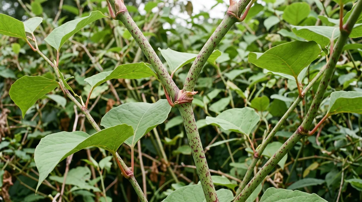 Japanese knotweed stems speckled purple with zig-zag joints and spade-shaped leaves with flat bases