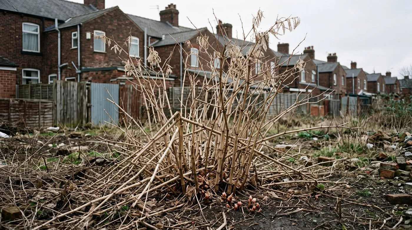Pale brown, hollow dead canes of Japanese knotweed standing on waste ground in winter