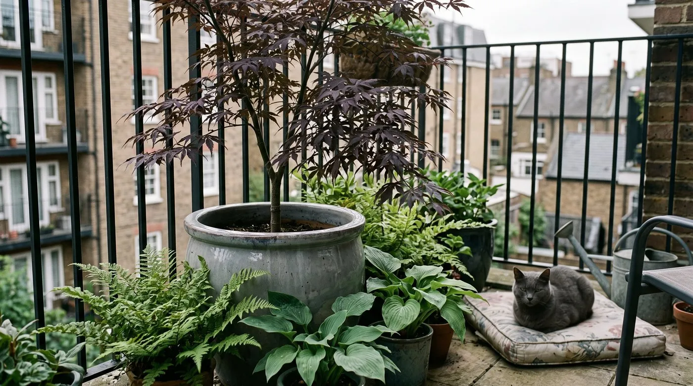 A dark purple Bloodgood Japanese maple in a large glazed pot on a flat balcony, with a cat nearby