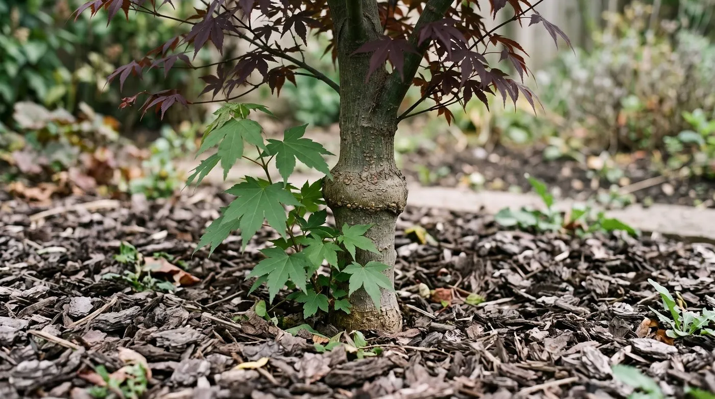 A plain green shoot growing from below the graft on the trunk of a purple Japanese maple