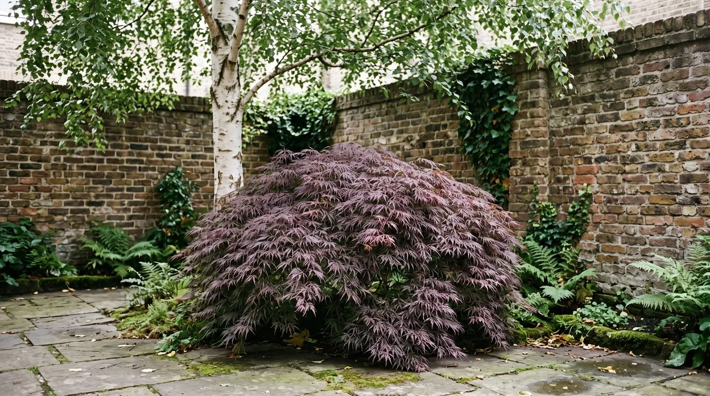 A purple lace-leaf Japanese maple forming a weeping mound in a sheltered courtyard in dappled shade