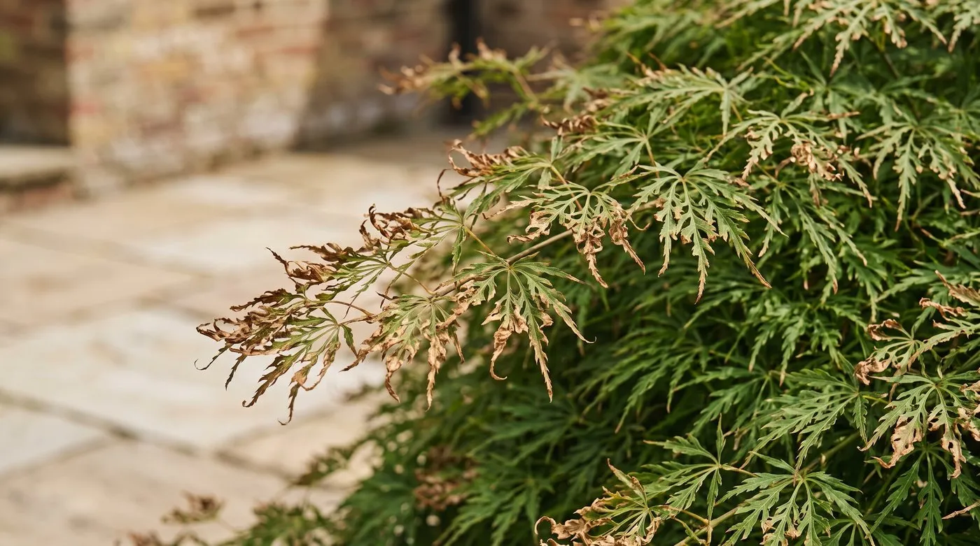 Close-up of lace-leaf Japanese maple leaves with brown, crispy scorched tips and edges