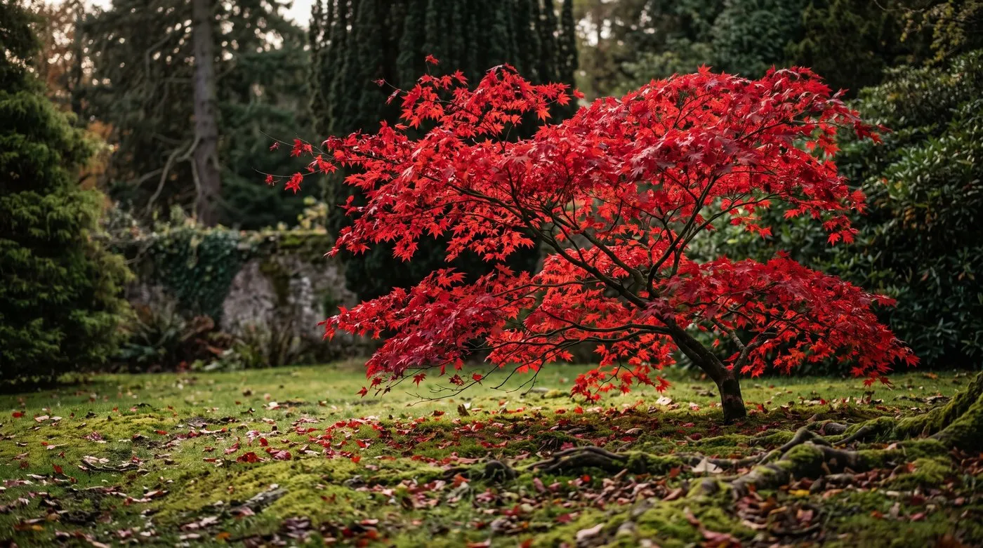 Brilliant scarlet autumn leaves of an Osakazuki Japanese maple backlit by low October sun