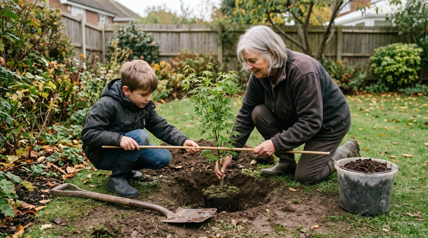 A grandmother and grandson planting a young Japanese maple with the root ball level with the ground