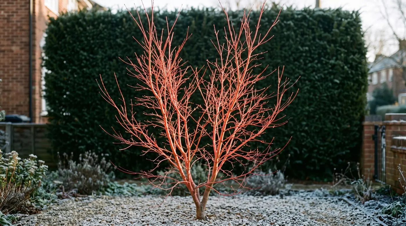 A coral bark Japanese maple with bright coral-red winter stems glowing against a dark hedge