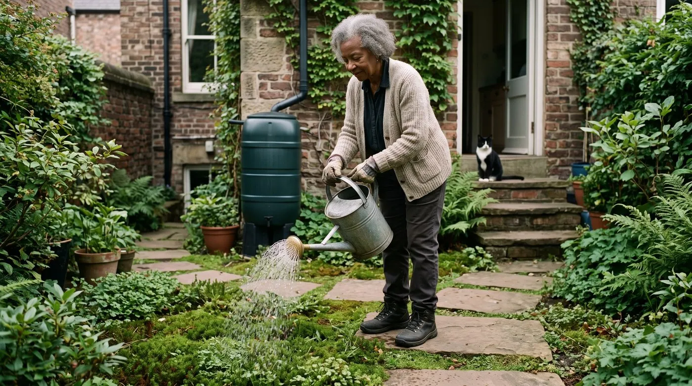Older woman misting a moss carpet with a fine-rose watering can, with a water butt behind her and a cat watching
