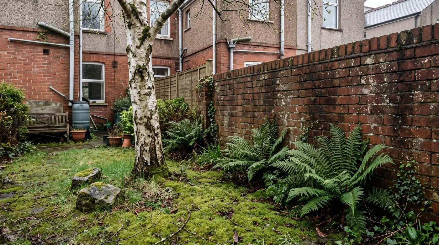 Shady garden corner under a birch where the lawn has turned to soft green moss beside ferns and a brick wall