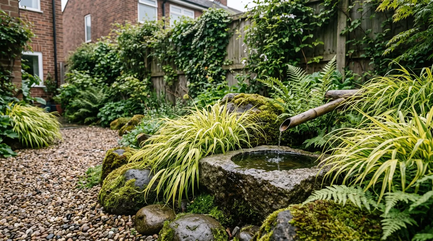 Granite water basin with a bamboo spout among mossy stones, ferns and Japanese forest grass beside a gravel path