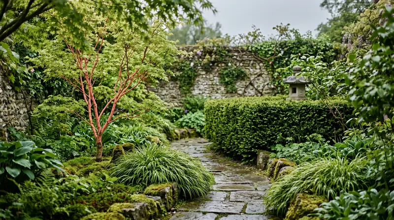 Japanese stroll garden curving stone path with coral-bark Acer palmatum and Hakonechloa macra in a UK garden