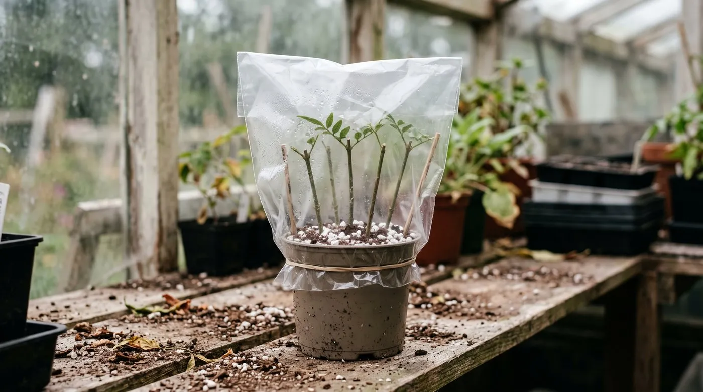 Pot of common jasmine cuttings under a clear plastic bag on a shaded greenhouse bench