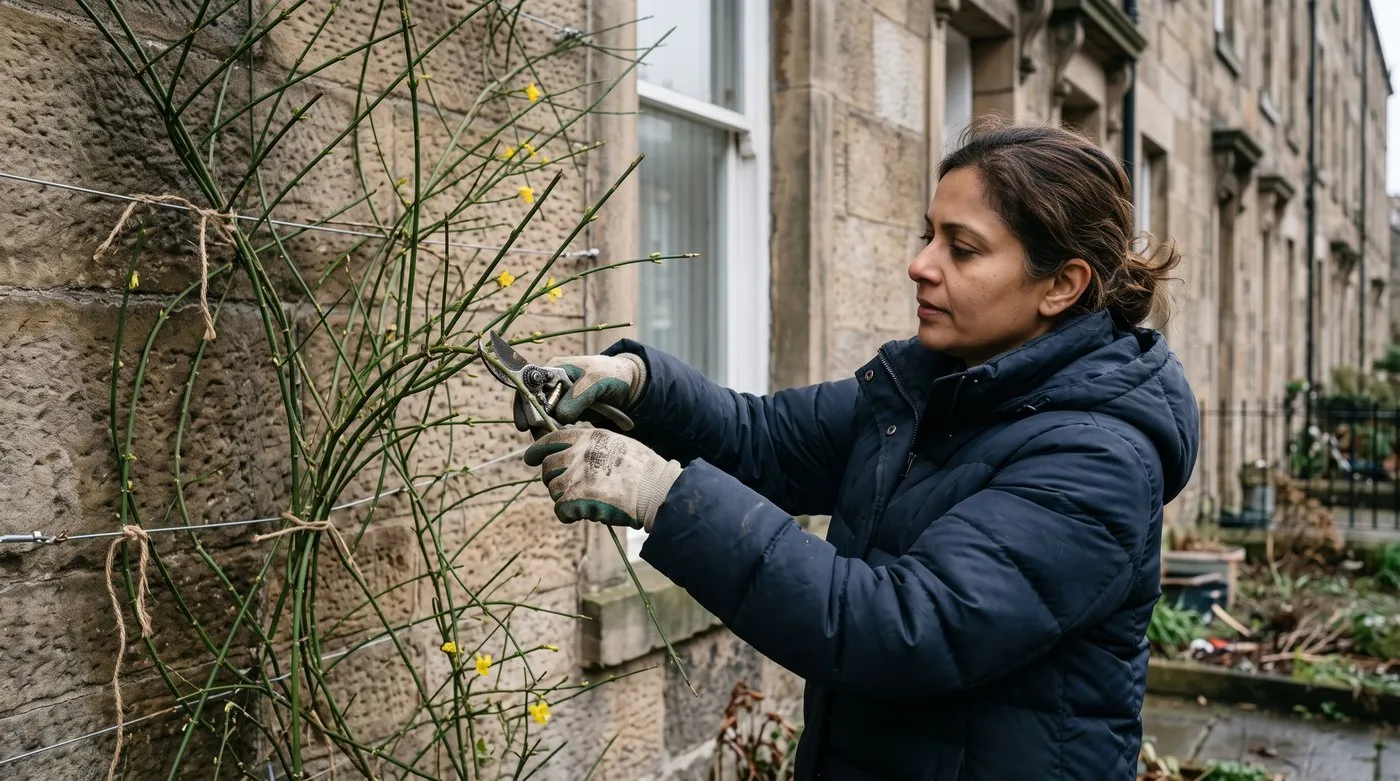 Woman pruning winter jasmine shoots back to a few buds against a stone wall in March