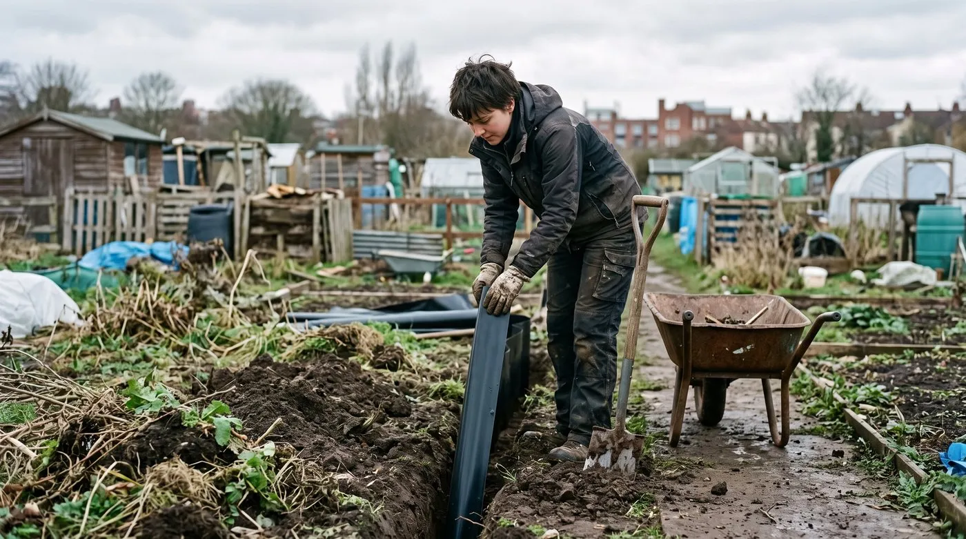 Gardener setting a rigid plastic barrier upright in a trench around a Jerusalem artichoke bed