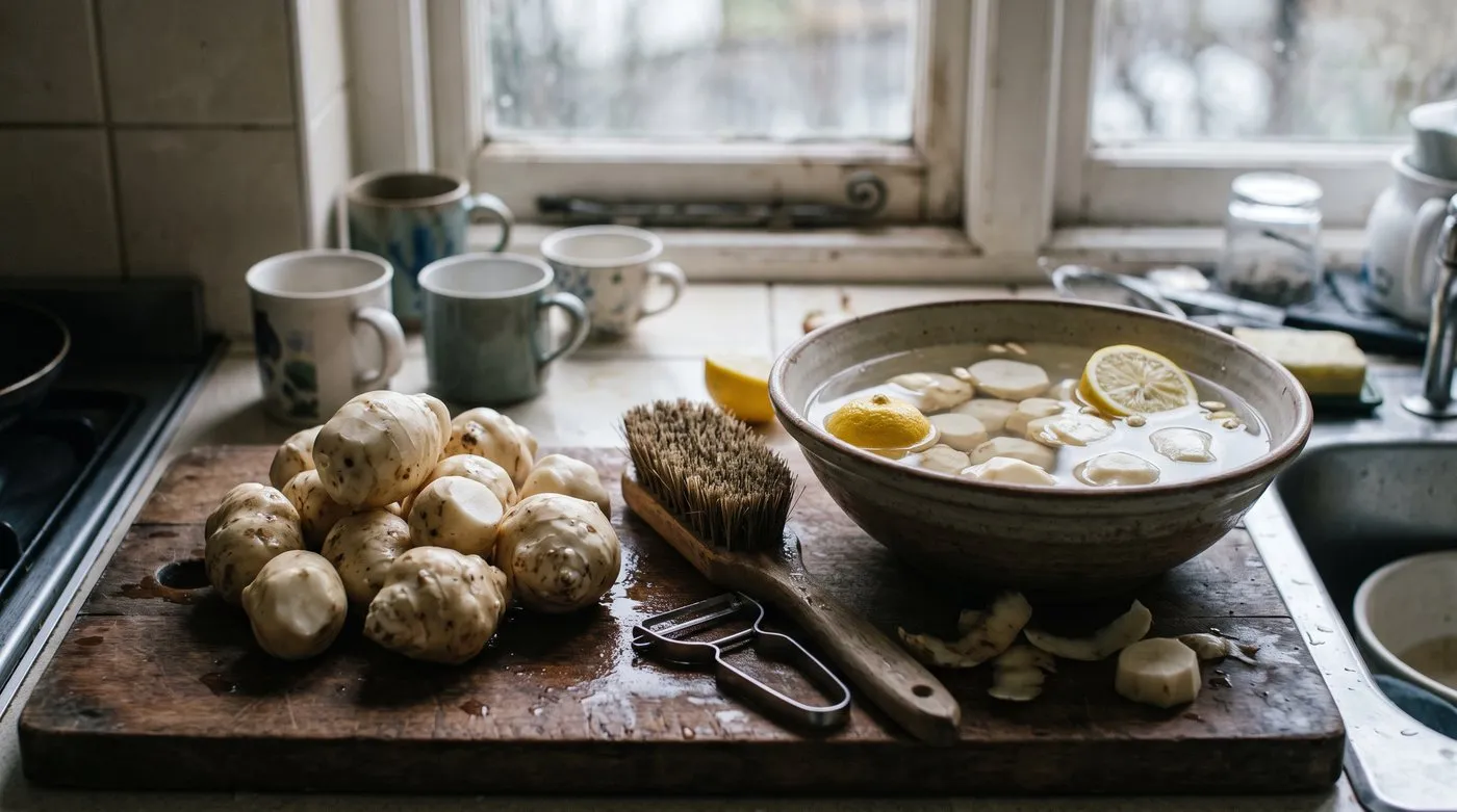Scrubbed Jerusalem artichoke tubers with peeled slices in a bowl of lemony water