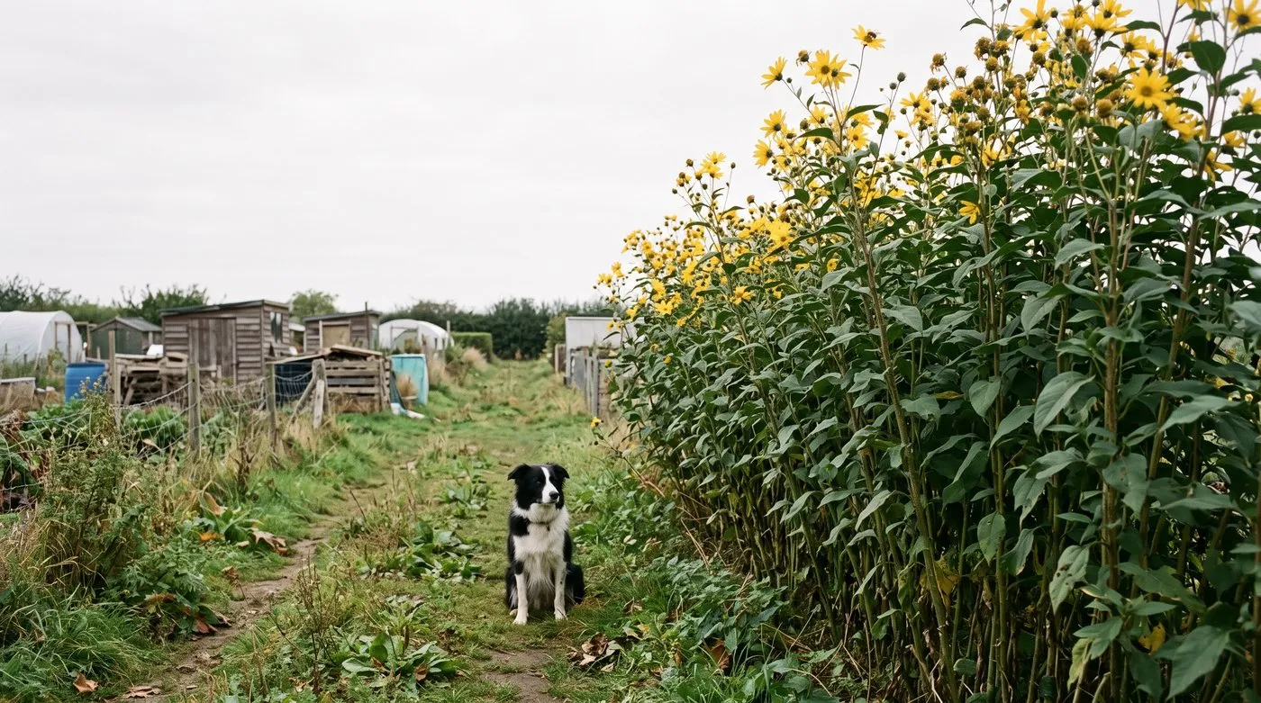 Tall Jerusalem artichoke plants with small yellow flowers beside a dog sitting on an allotment path