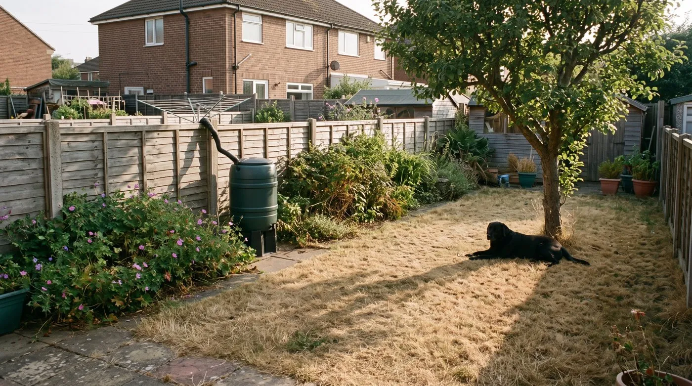 Brown dormant lawn in a dry July with a black Labrador resting in the shade of a small tree