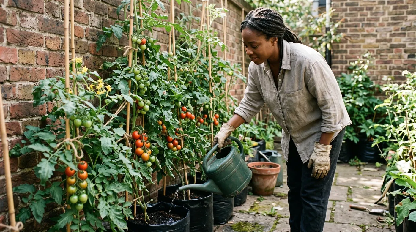 Woman feeding cordon tomato plants in growbags against a brick wall in a city courtyard