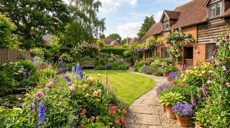 A Midlands suburban garden in full July bloom with a watering can, tomato plants in growbags and a sun-baked lawn