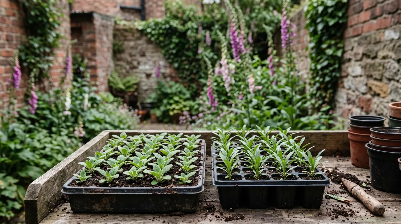 Tray of young foxglove seedlings and wallflower seedlings on a shady June potting bench