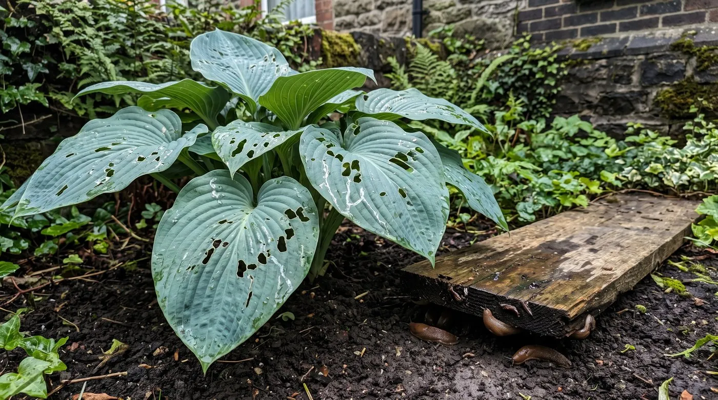 Hosta leaves full of slug holes beside a lifted plank with slugs sheltering under it