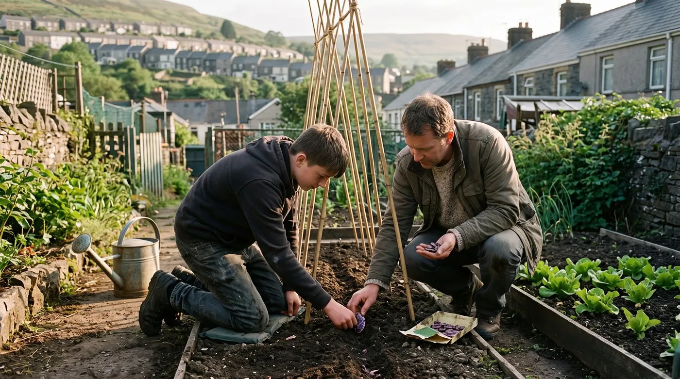 Boy sowing runner bean seeds at the base of bamboo canes in a June vegetable bed