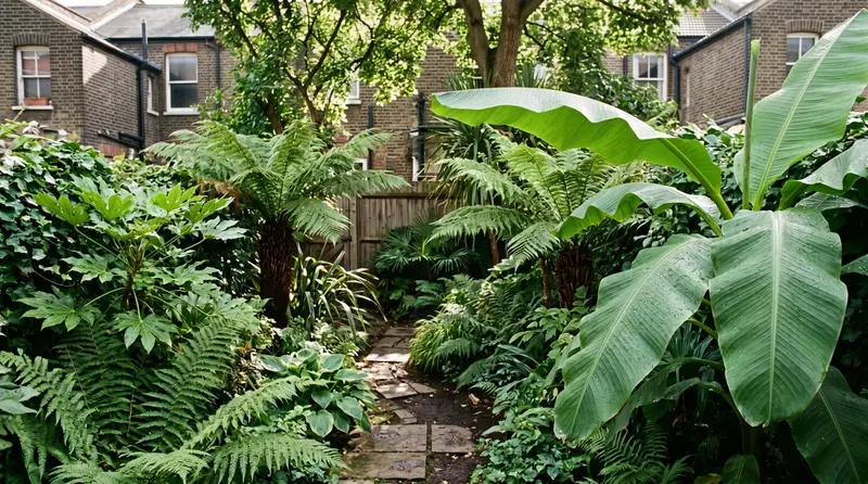 Jungle garden design in a UK terraced plot with hardy banana, tree ferns and dense layered foliage