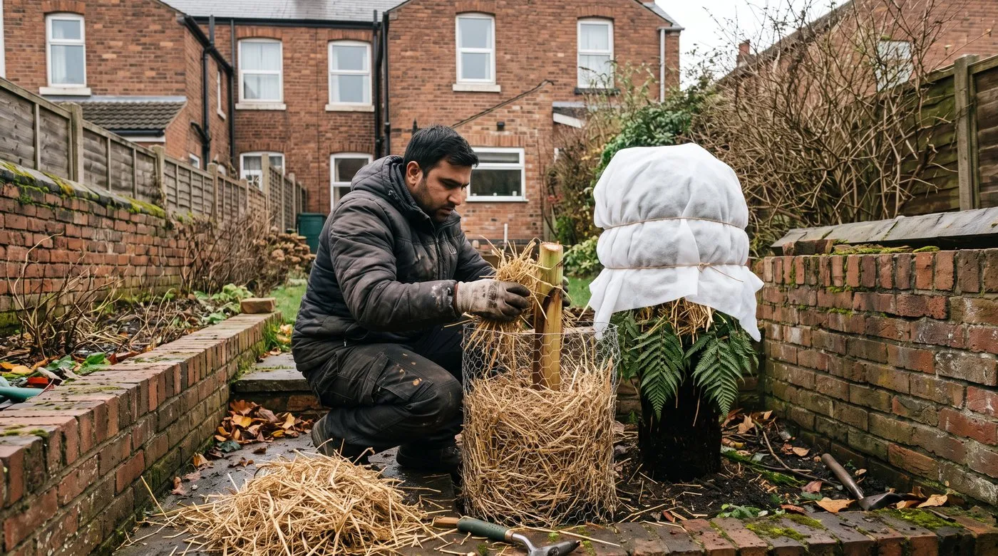 Man packing straw into a wire cage around a cut-down hardy banana stem beside a fleece-wrapped tree fern