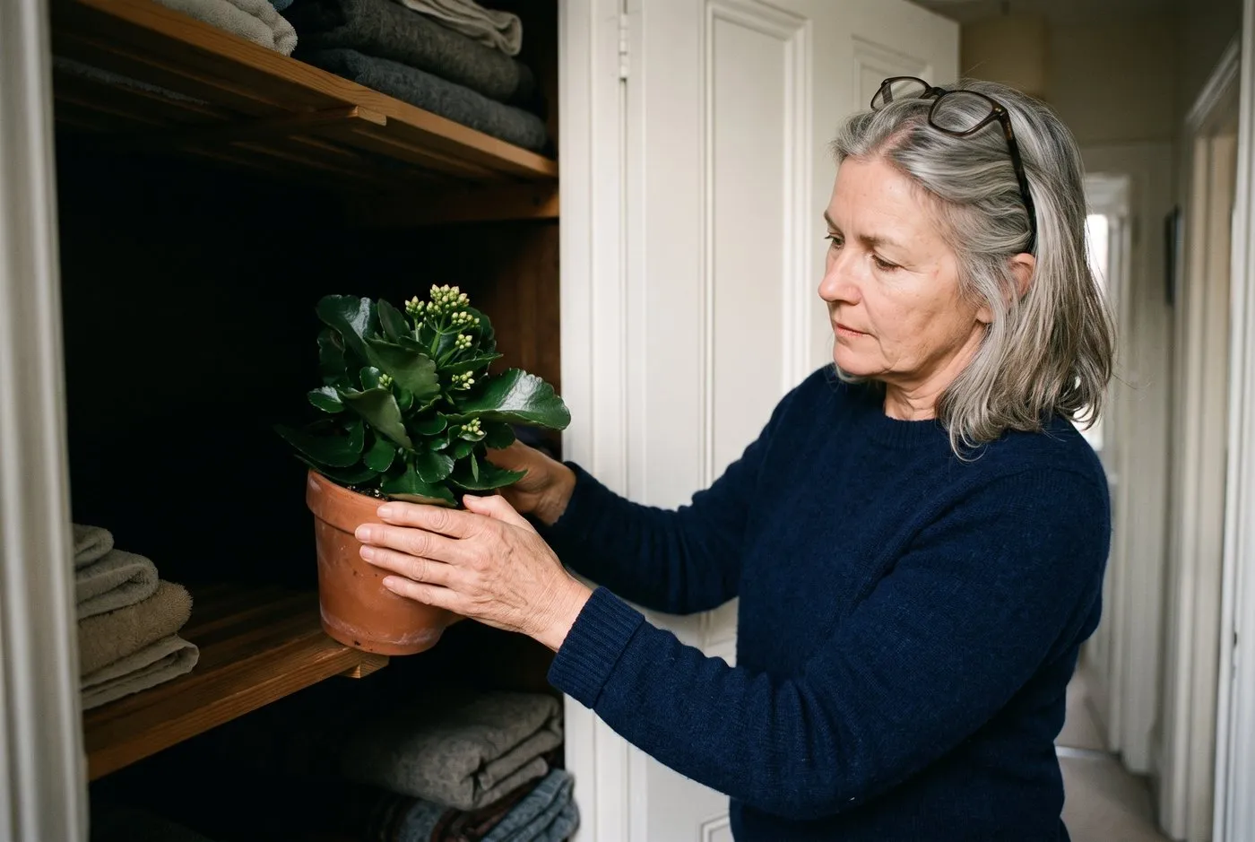A woman in her fifties placing a budding kalanchoe into a dark linen cupboard for the 14-hour rebloom treatment