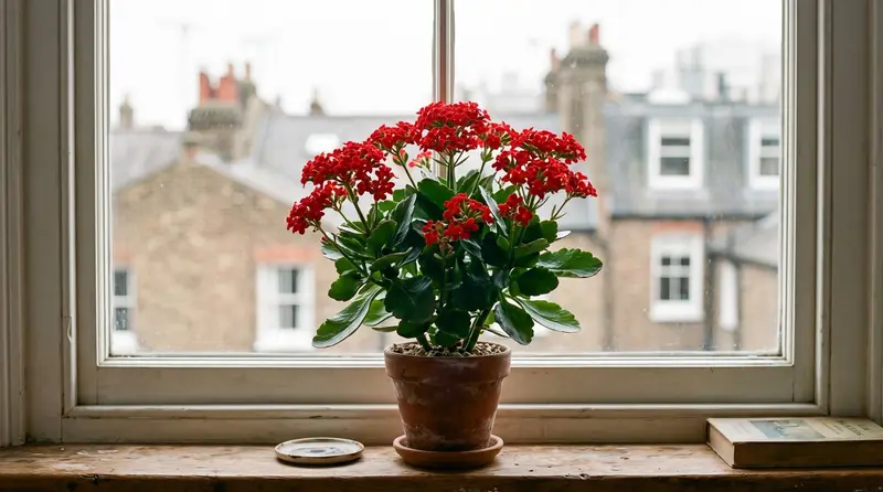 Kalanchoe Flaming Katy in full flower with clusters of red blooms and glossy scalloped leaves on a bright UK windowsill